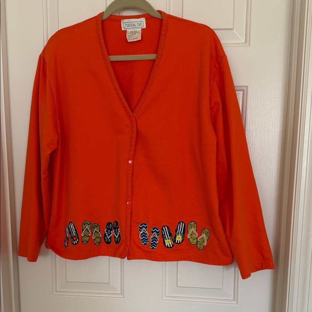 Mandal Bay Vibrant Orange V-Neck Sweater with Flip-Flop Design SZ XL